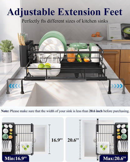 Adjustable Dish Drying Rack, 15.6''-25.2''L × 16.9''W, Black3