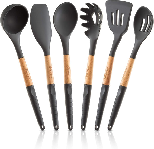 Silicone Cooking Utensils Set 6 Piece – Heat Resistant up to 480°F, BPA Free & Non-Scratch Kitchen Tools with Natural Wood Handles, Dark Gray1