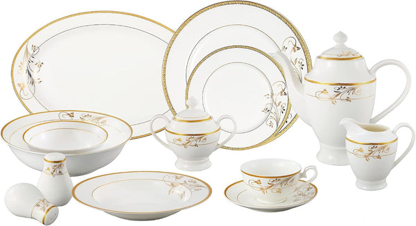 La Luna Bone China 57-Piece 24K Gold Floral Design Dinnerware Set, Service for 81