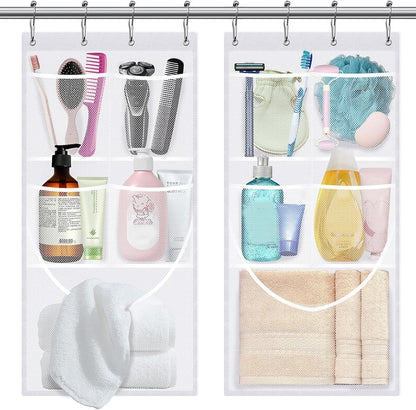 2PCS Mesh Shower Organizer Hanging,Shower Curtain Liner Pockets Hanging with Pockets Quick Dry Cruise RV Camper Bathroom Organizer with Shower Curtain Hooks1
