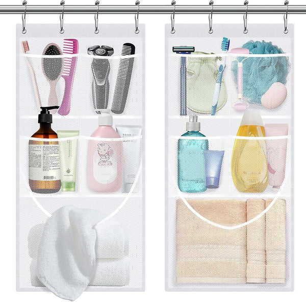 2PCS Mesh Shower Organizer Hanging,Shower Curtain Liner Pockets Hanging with Pockets Quick Dry Cruise RV Camper Bathroom Organizer with Shower Curtain Hooks1