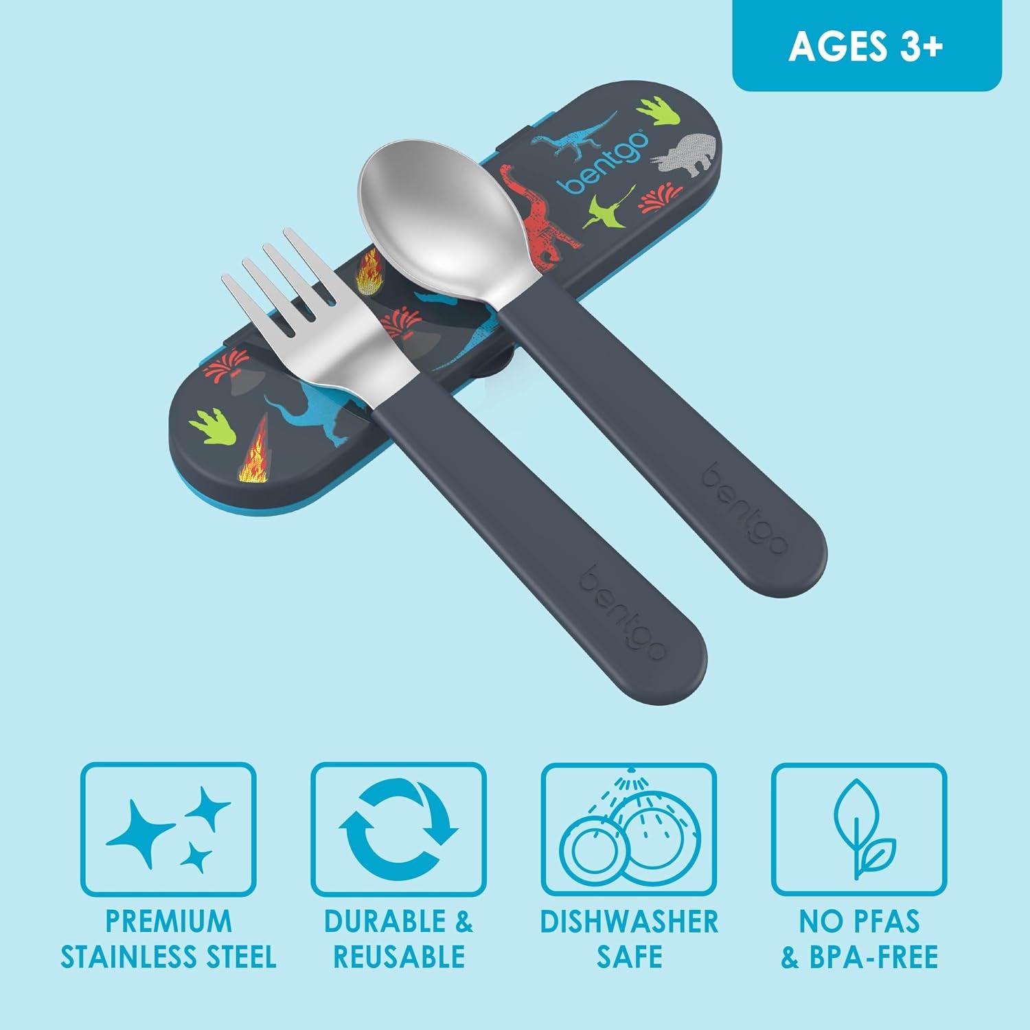 bentgo-kids-stainless-steel-utensil-set-with-fork-spoon-storage-case-reusable-pfas-bpa-free-easy-grip-handles-lightweight-dishwasher-safe-school-lunch-travel-outdoors-dinosaur