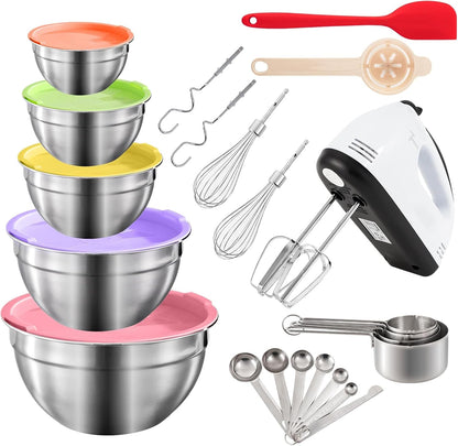 7-Speed Electric Hand Mixer,5 Large Mixing Bowls Set,Handheld Mixers with Whisks Beater,Stainless Steel Metal Nesting Bowl Measuring Cups Spoons Kitchen Cake Blender for Prep Baking Supplies1