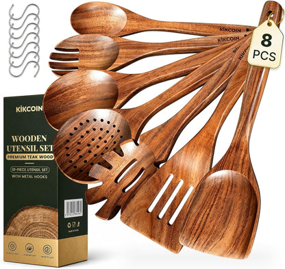 8 PCS Teak Wood Kitchen Utensil Set, Natural Wooden Cooking Spoons & Spatulas, Non Toxic Cooking Tools for Nonstick Cookware, Comfortable Handles, Easy Care1