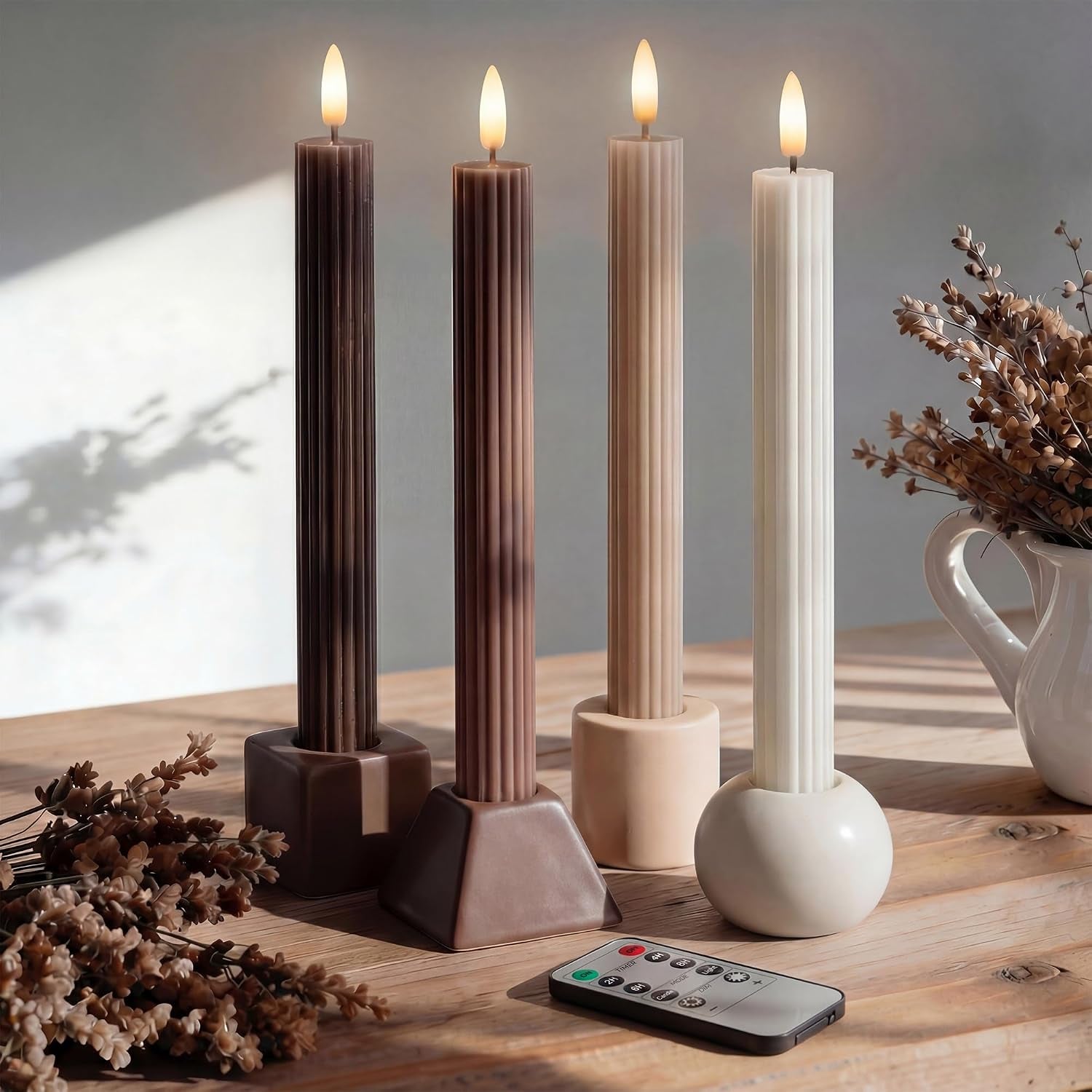 mocha-brown-coordinated-chocolatey-4-pack-10-real-wax-led-flameless-fluted-ribbed-grooved-taper-candles-remote-timer-memory-on-off-button-dimmable-battery-operated-menorah-wedding