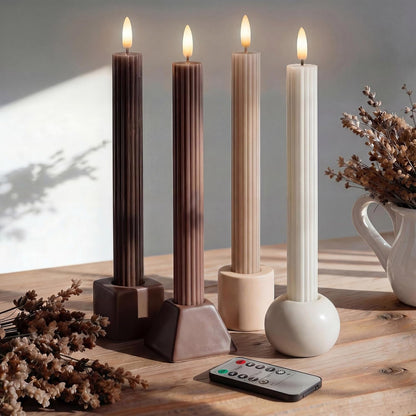 Mocha Brown Coordinated Chocolatey 4 Pack, 10" Real Wax LED Flameless Fluted Ribbed Grooved Taper Candles, Remote & Timer Memory, On/Off Button, Dimmable, Battery Operated, Menorah Wedding1