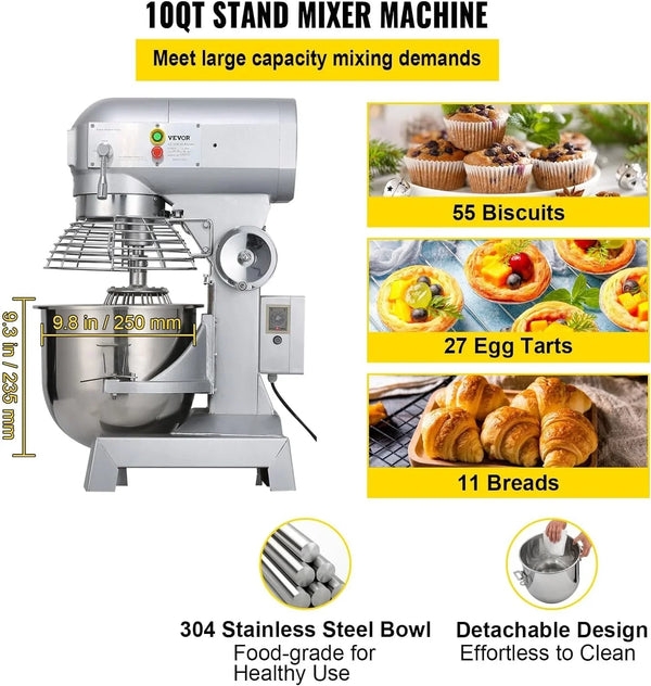 10Qt Commercial Food Mixer with Timing Function， Commercial Mixer 500W Stainless Steel Bowl Heavy Duty Electric Food Mixer Commercial with 3 Speeds Adjustable, Perfect for Bakery Pizzeria3