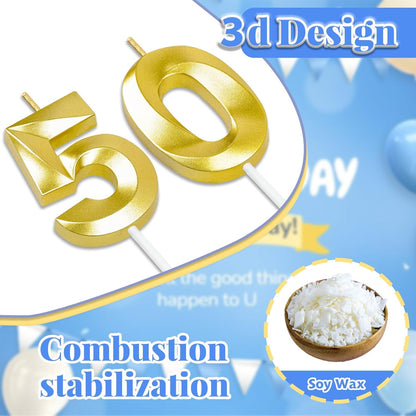50Th Birthday Decorations for Women and Men, Gold Number 50 Candle3