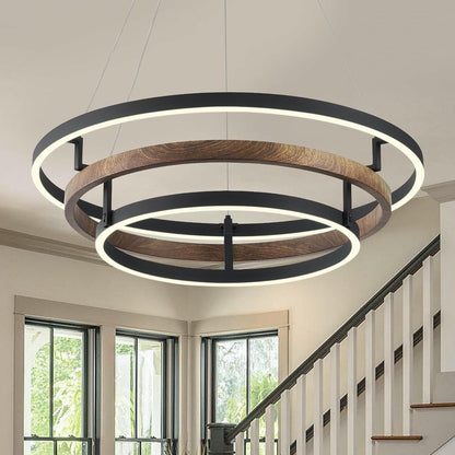 3 Ring LED Chandelier Modern Chandeliers Walnut Wood Black Dimmable 24''1