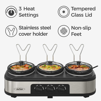 Triple Slow Cooker, Buffet Server & Warmer with 3 Removable Ceramic Pots, 3 Adjustable Temp Settings & 3 Metal Lid Rests, Stainless Steel, 3 * 1.5 Quarts Silver2