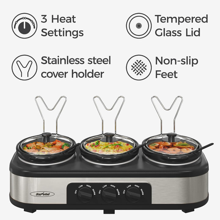 Triple Slow Cooker, Buffet Server & Warmer with 3 Removable Ceramic Pots, 3 Adjustable Temp Settings & 3 Metal Lid Rests, Stainless Steel, 3 * 1.5 Quarts Silver+2