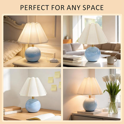 Small Bedside Table Lamp, 11.8'' Ceramic Stepless Dimmable Lamp (Blue) | with Scalloped Fabric Shade for Nightstand & Living Room. Perfect for Quiet Nights to Create a Cozy, Relaxing Atmosphere5