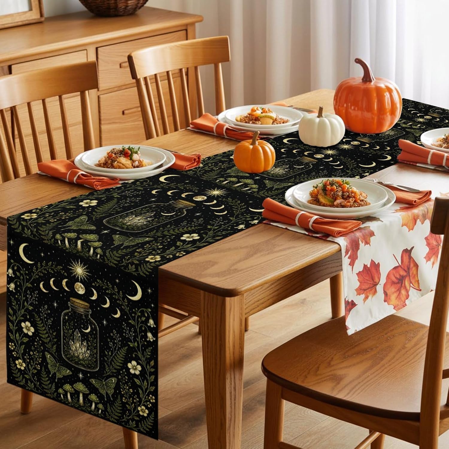 mystic-black-table-runners-72-inches-long-cotton-linen-fabric-table-runner-dresser-scarf-butterfly-golden-sun-moon-stars-flowers-leaves-tablerunner-for-party-kitchen-dinner-wedding-decor-13x72
