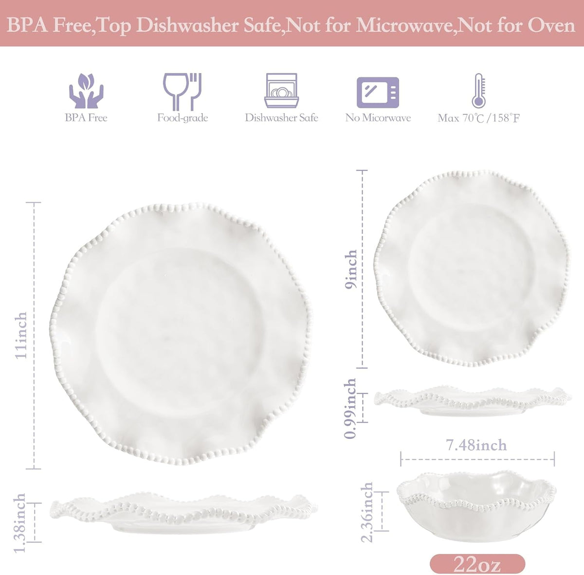 perlette-melamine-dinnerware-sets-service-for-4-cream-plates-and-bowls-set-with-beaded-edge-bpa-free-dishwasher-safe-heavy-duty-unbreakable-dinnerware-for-wedding-party-camping-outdoor