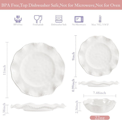 Perlette Melamine Dinnerware Sets,Service for 4, Cream Plates and Bowls Set with Beaded Edge, BPA Free Dishwasher Safe, Heavy Duty Unbreakable Dinnerware for Wedding Party Camping Outdoor2