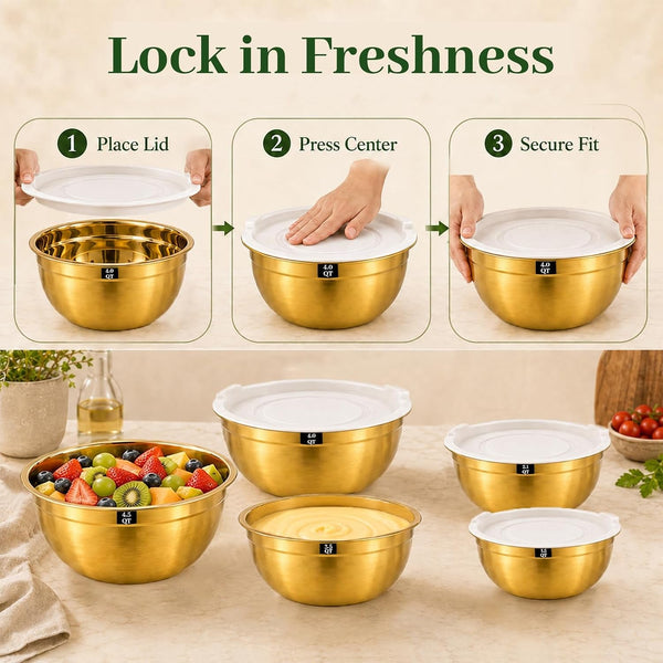 5-Piece Gold Stainless Steel Mixing Bowls with White Lids, Nesting Mixing Bowl Set in 1.5, 2.1, 3.5, 4 and 4.5 QT Sizes for Baking, Cooking, Meal Prep, Salad, Everyday Kitchen Use and Food Prep5