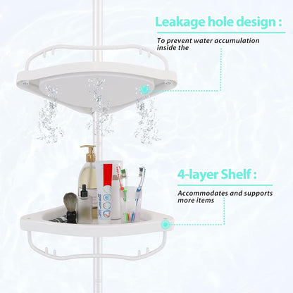 Shower Caddy Tension Pole with 4 ABS Baskets,Shower Storage Shelf with 56 to 125 Inch Adjustable Stainless Pole for Bathroom White3