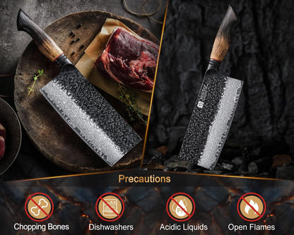 7.3 Inch Vegetable Cleaver Knife,10Cr15Comov Steel Core Forged Damascus Steel,Sharp Slicing Knife for Home Kitchen and Restaurant,Ergonomic White Oak + Red G10 Gasket Handle7
