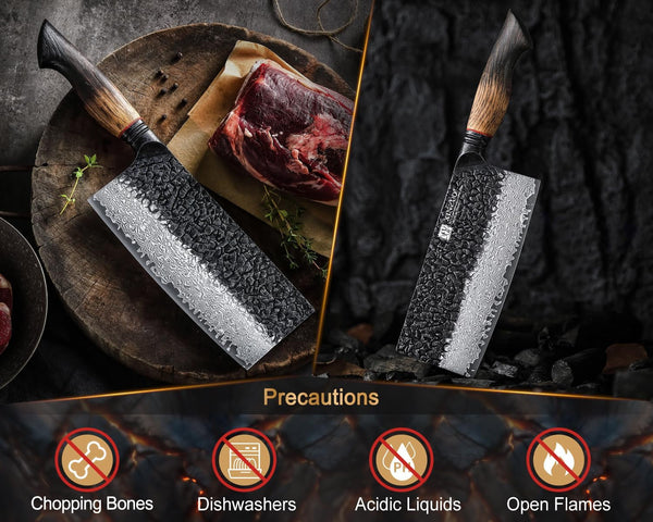 7.3 Inch Vegetable Cleaver Knife,10Cr15Comov Steel Core Forged Damascus Steel,Sharp Slicing Knife for Home Kitchen and Restaurant,Ergonomic White Oak + Red G10 Gasket Handle7