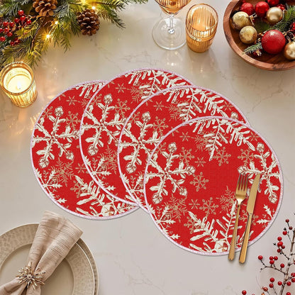 Christmas round Placemats Set of 4 Red Snowflakes Decorations5