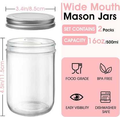 2 Pack Wide Mouth Mason Jars 16Oz - Airtight Glass Canning Jars for Food Storage, Meal Prep, Overnight Oats, Pickling, Salad & Wedding Favors (Leak-Proof Lids)2