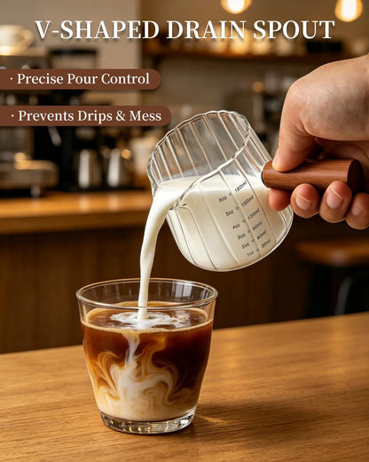 Espresso Measuring Cup 6 Oz, Espresso Glass Cups with Wood Handle, Milk Frothing Cup, Espresso Cup for Coffee, Milk, Tea or Maple Syrup Serving4