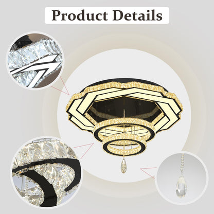 Large Chandelier Dia 40" Black 3 Ring Crystal Chandelier Flush Mount Ceiling Light for Living Room Dining Room Hallway Dimmable LED Celing Lighting7
