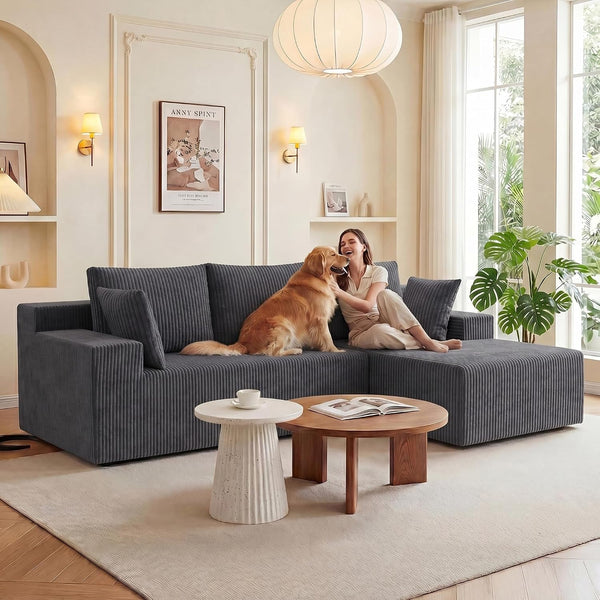 Cloud Sectional Boneless Couches for Living Room, Modular L Shaped Couch with Deep Seat Oversized Right Facing Chaise, Memory Foam Compressed Spineless 3 Seater Sofa, Wide-Striped Grey6