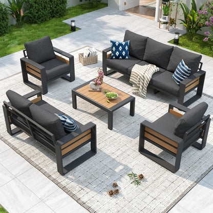 Aluminum Patio Furniture Set, 5 Piece Luxury Outdoor Sectional with 6" Olefin Fabric Cushions, Patio Conversation Sets with Coffee Table and Waterproof Cover for Backyard, Porch Dark Grey1