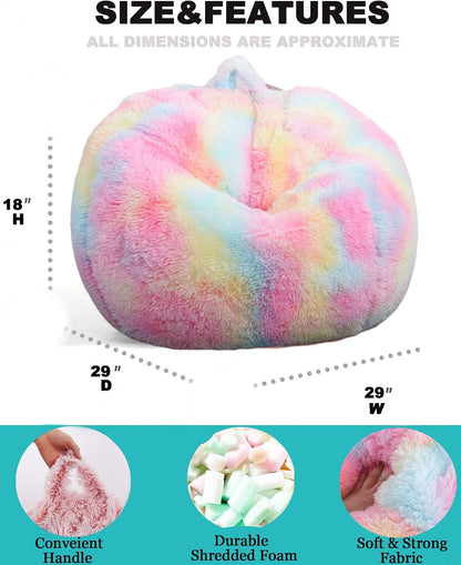 Fluffy Bean Bag Chair for Kids, 2.5FT round Memory Foam Filled Bean Bag for Teens & Kids, Ultra Soft Faux Fur Fabric Bean Bag Chairs for Playroom, Living Room, Bedroom, Rainbow3