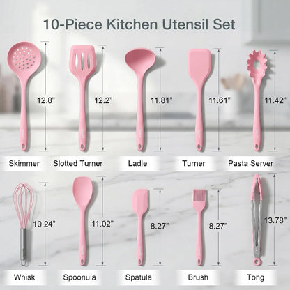 Cooking Utensils Set, 10PCS Non Toxic Silicone Set for Kitchen, Pink2