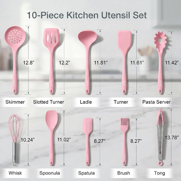Cooking Utensils Set, 10PCS Non Toxic Silicone Set for Kitchen, Pink2