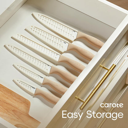 12-Piece Knife Set, Knives with Wood-Grain Finish Handles, White | 6 Blade Guards, Stainless Steel Blades, Ceramic Nonstick Coating, Long-Lasting Sharpness, Rust-Resistant, Camping, RV5