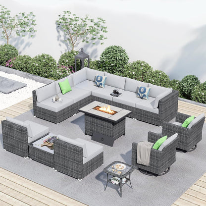 13 Piece Patio Sectional Furniture Set with Fire Pit Table,Modern Wicker Outdoor Conversation Sofa Sets,All Weather Modular L Shaped outside Couch Swivel Chair Set(Light Grey)1