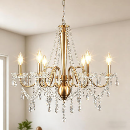 Gold Crystal Chandelier, 6-Light Candle Style French Chandelier with Clear Crystal, 25" Vintage Modern Farmhouse Dining Room Chandelier Light Fixture for Living Room Bedroom Kitchen Foyer Stairway1
