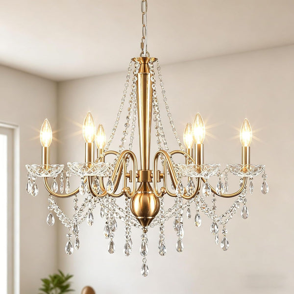 Gold Crystal Chandelier, 6-Light Candle Style French Chandelier with Clear Crystal, 25" Vintage Modern Farmhouse Dining Room Chandelier Light Fixture for Living Room Bedroom Kitchen Foyer Stairway1