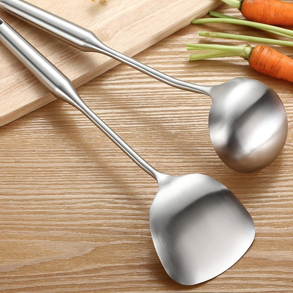 304 Stainless Steel Cooking Utensils Set 4 Piece 15 Inch Large Size Metal Kitchen Utensils Set Including Spatula,Ladle,Serving Spoon,Meat Fork,Stainless Steel Cooking Tools9