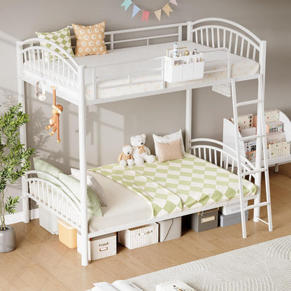 Metal Bunk Bed Twin over Twin with Storage Bag, 2 Twin Size Beds with Safety Guard Rails and Anti-Tip Nails for Teenager,Girls or Boys （White）1