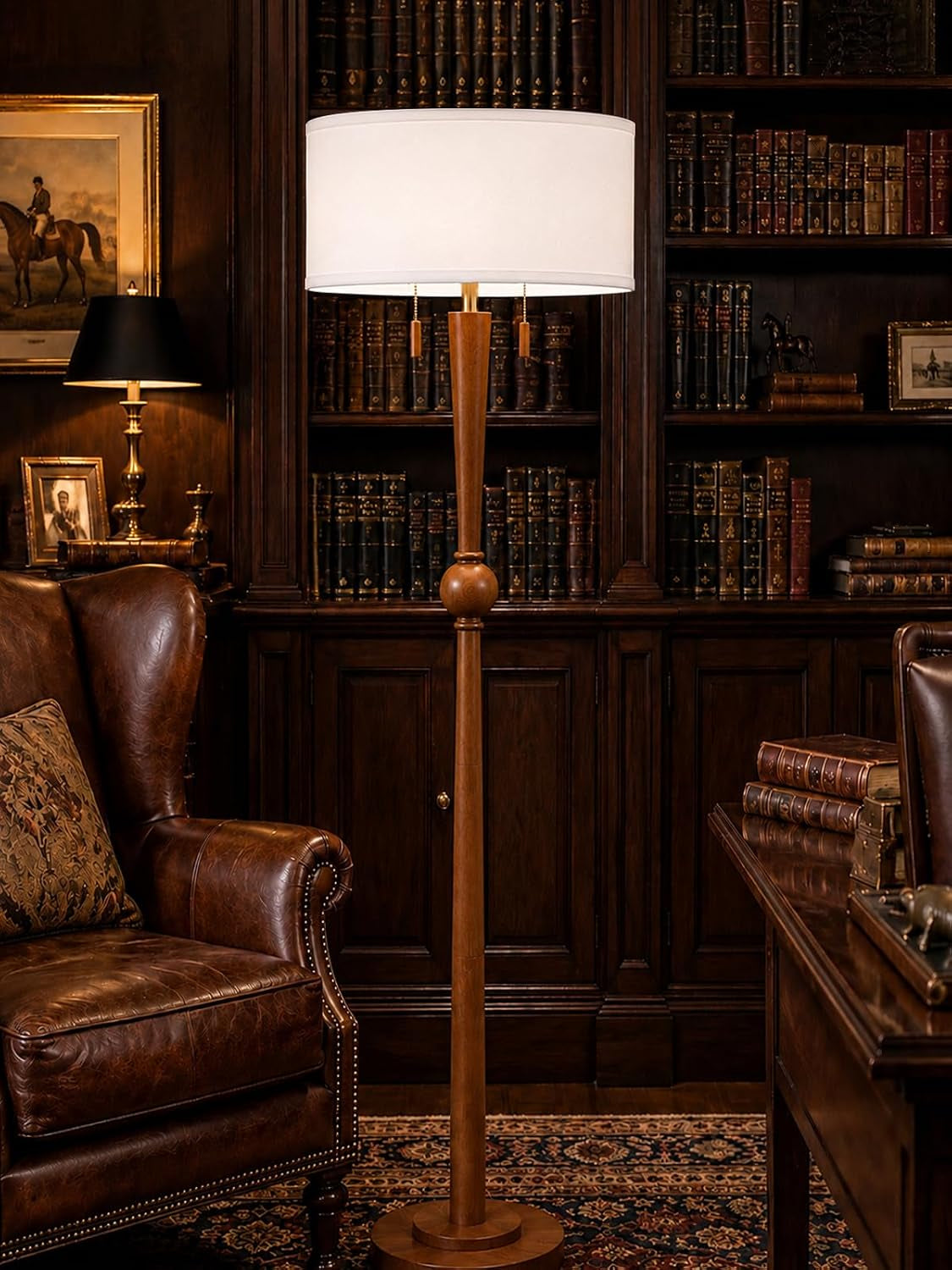 solid-wood-floor-lamp-for-living-room-pull-chains-standing-lamp-62-8-tall-17-white-drum-shade-sculptural-wood-base-stem-2-light-design-standing-lamp-for-bedroom-2-bulbs-included