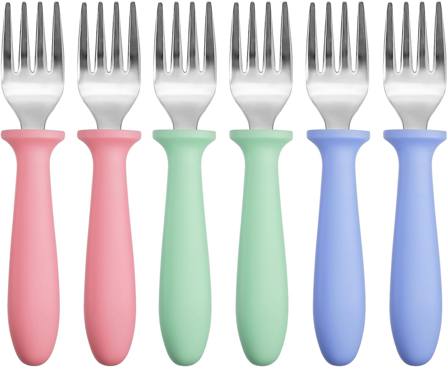 6-pack-toddler-forks-18-8-stainless-steel-with-plastic-handles-rounded-tines-mouth-guard-design-easy-grip-size-for-self-feeding-kids