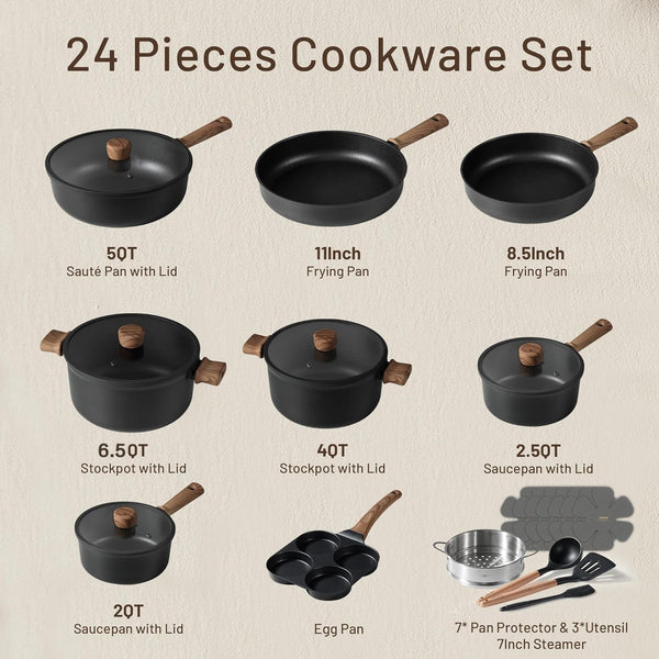 24Pcs Nonstick Cookware Sets, Pots and Pans Set | Titanium Infused, Ultra Durable, Fast & Even Heating, Easy Clean, All-Stovetop Compatible, with 6.5-Qt Stockpot & Egg Pan2