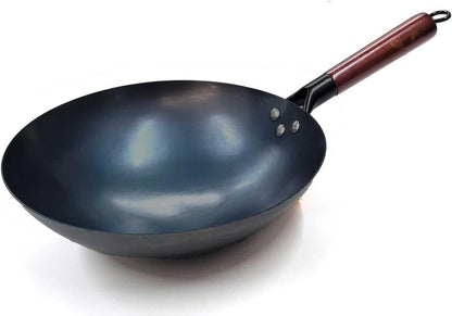 Chinese 100% Hand Hammered Iron Woks Stir Fry Pans, Non-Stick, No Coating, Less Oil, 36CM, Black Seasoned Wooden Handle1