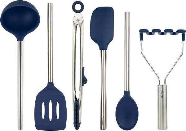 Silicone Cooking Utensil Set of 6 Stainless Steel Handle Ladle Slotted Turner Tongs Flex Core Spatula Scraper Mixing Spoon & Potato Masher, Dishwasher Safe BPA Free Utensils, Deep Indigo1