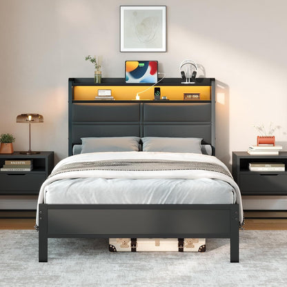 Twin Bed Frame with LED Lights and Charging Station, Dark Grey1