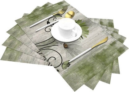 Floral Place Mats Set of 4, 12X18 Inches Rustic Sage Green Daisy Flower Decorative Placemats Rectangle Floral Linen Table Mats for Party Home Kitchen,Dining Table Decoration3