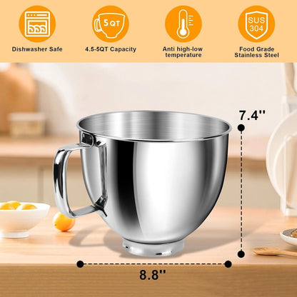 5 Quart Stainless Steel Mixing Bowl with Handle, Compatible with Kitchenaid Tilt-Head Stand Mixers 4.5–5 Qt, Durable Food-Grade Metal Bowl for Baking & Cooking6