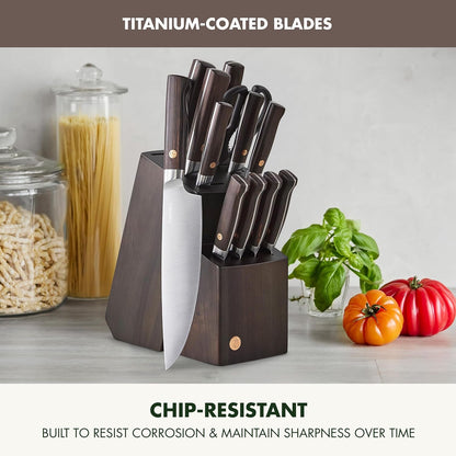 Elite 13 Piece Wooden Knife Block Set, Professional Stainless Steel Blades with Titanium Coating, Ultra-Sharp Kitchen Cutlery, Chef, Santoku, Bread & Steak Knives, Ergonomic Brown Wood Handle2