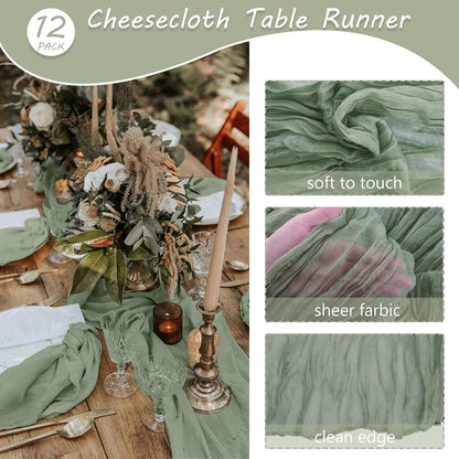 12 Pack 10Ft Cheesecloth Table Runner 35X120 Inch Boho Gauze Table Runner Cheese Cloth Long Romantic Table Runners for Wedding Bridal Shower Birthday Party Table Decor (Dusty Sage Green)4