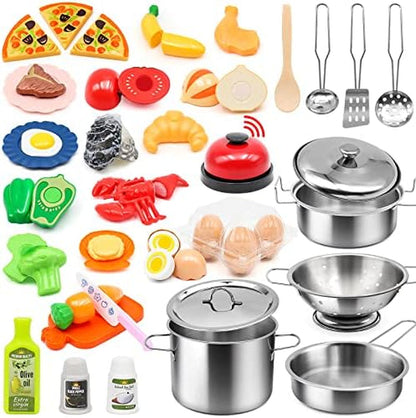 Kids Pretend Play Kitchen Accessories Set, 38Pc Play Pots Pans Set for Kids | Stainless Steel Toddler Pots Pans Kitchen Playset Toy, Cookware Cooking Utensils Play Food Dish Christmas Birthday Gift 3+1