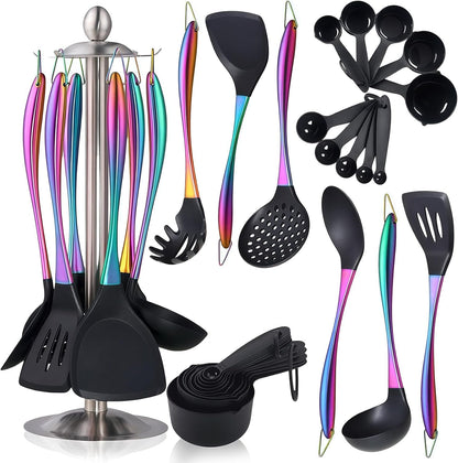Silicone Cooking Utensils Set, 17Pcs Kitchen Utensil Set with Rotatable Holder, Heat-Resistant Silicone Utensils for Cooking, Non-Stick Spatula Set with Stainless Steel Handle,Turner,Ladle (Rainbow)1